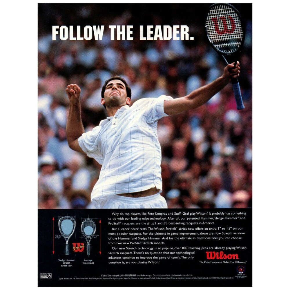 1996 Wilson Tennis Racket Vintage Print Ad Pete Sampras Follow the Leader Art